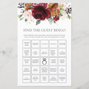 Burgundy Floral Fun Bridal Find the Guest Bingo 