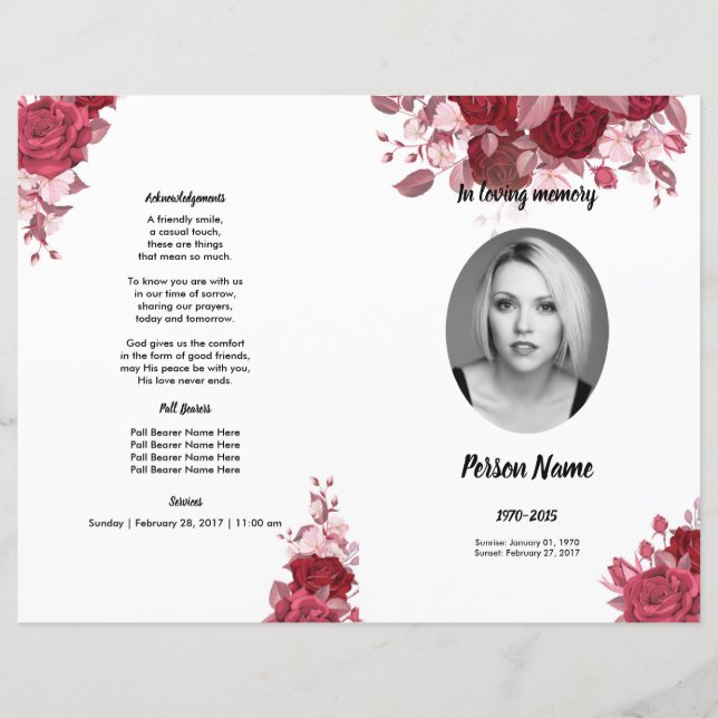 Burgundy Floral Funeral Program Template (Front)