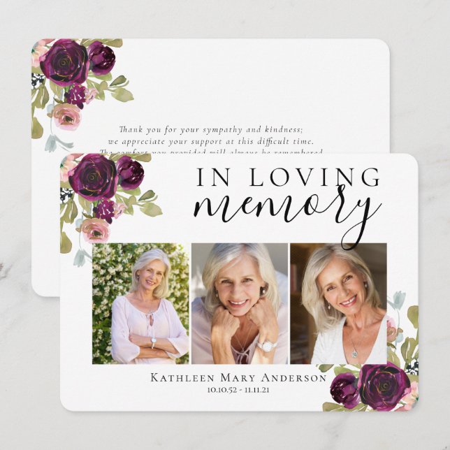 Burgundy Floral Funeral Thank You Card (Front/Back)