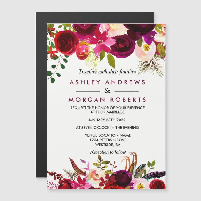 Burgundy Floral Garden Boho Wedding Invitation (Front/Back)