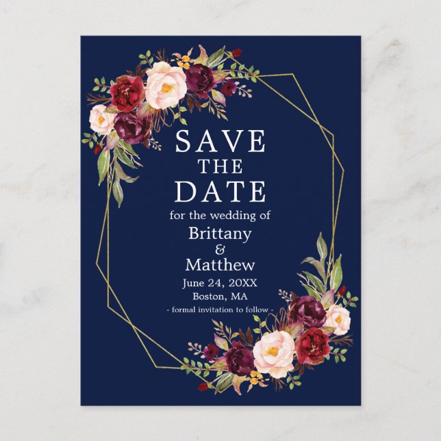 Burgundy Floral Geo Frame Blue Save the Date Postcard (Front)