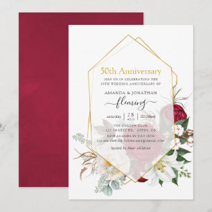 Burgundy Floral Geometric 50th Wedding Anniversary Invitation