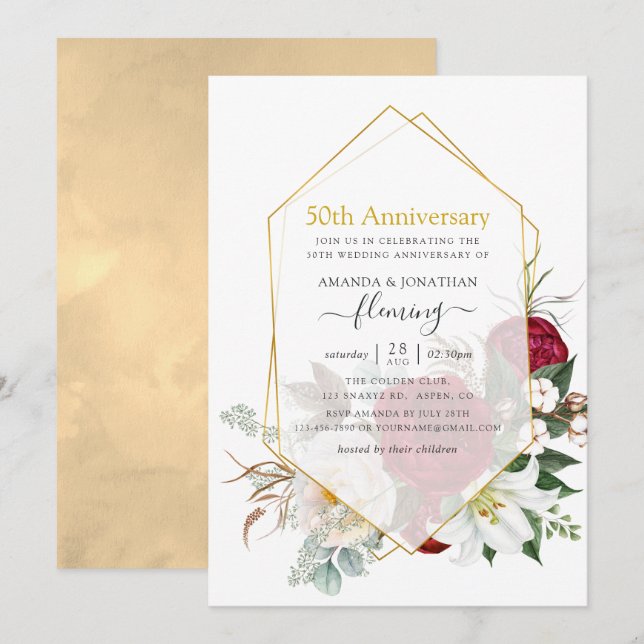 Burgundy Floral Geometric 50th Wedding Anniversary Invitation (Front/Back)