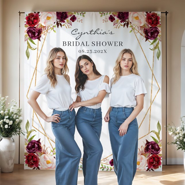 Burgundy Floral Geometric Bridal Shower Backdrop Tapestry (Creator Uploaded)