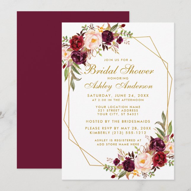 Burgundy Floral Geometric Gold Bridal Shower B Invitation (Front/Back)