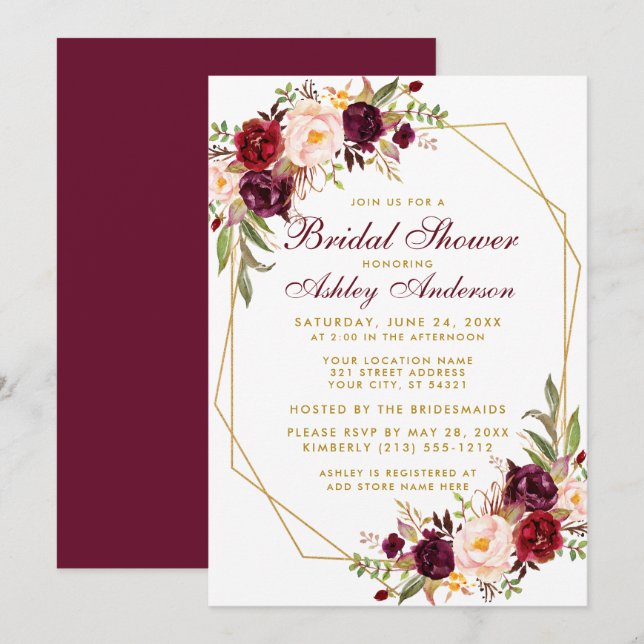 Burgundy Floral Geometric Gold Bridal Shower Invitation (Front/Back)