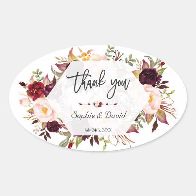 Burgundy Floral Geometric Handwriting Wedding Oval Sticker (Front)