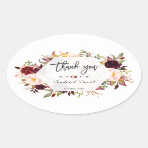 Burgundy Floral Geometric Handwriting Wedding Oval Sticker