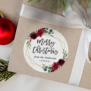 Burgundy Floral Geometric Merry Christmas Holiday Classic Round Sticker