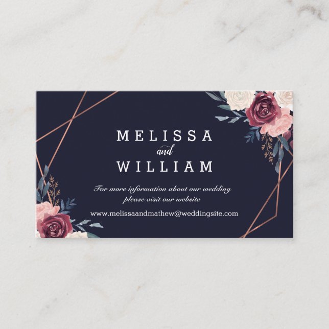 Burgundy Floral Geometric Midnight Blue Wedding Enclosure Card (Front)