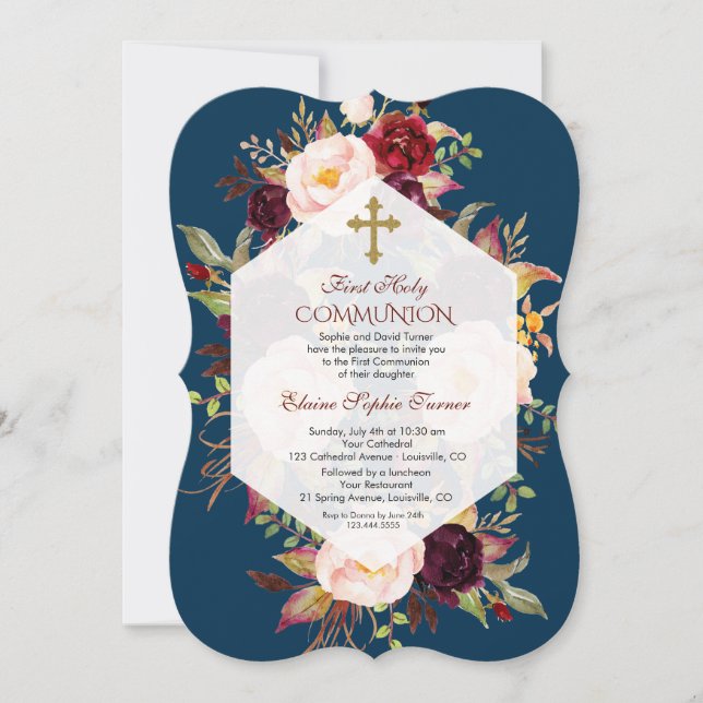 Burgundy Floral Geometric Navy Blue Holy Communion Invitation (Front)