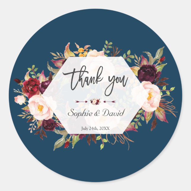 Burgundy Floral Geometric Navy Handwriting Wedding Classic Round Sticker (Front)