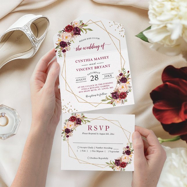 Burgundy Floral Geometric (No ENV needed) Wedding  All In One Invitation (Creator Uploaded)