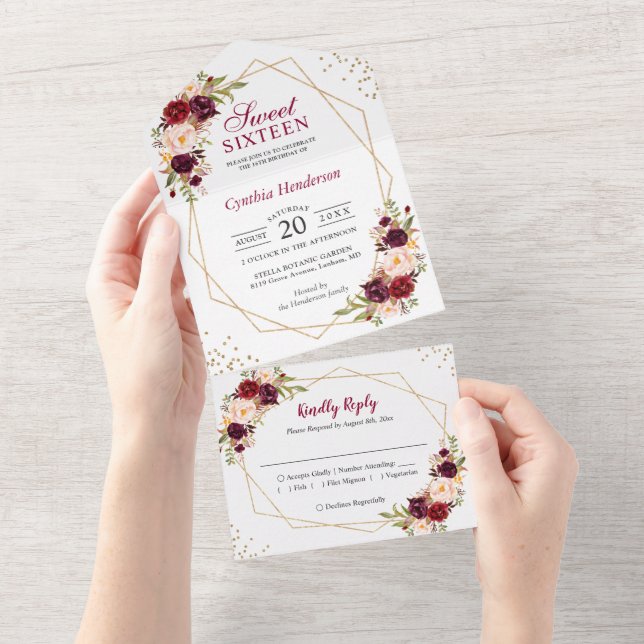 Burgundy Floral Geometric Sweet Sixteen All In One Invitation (Tearaway)