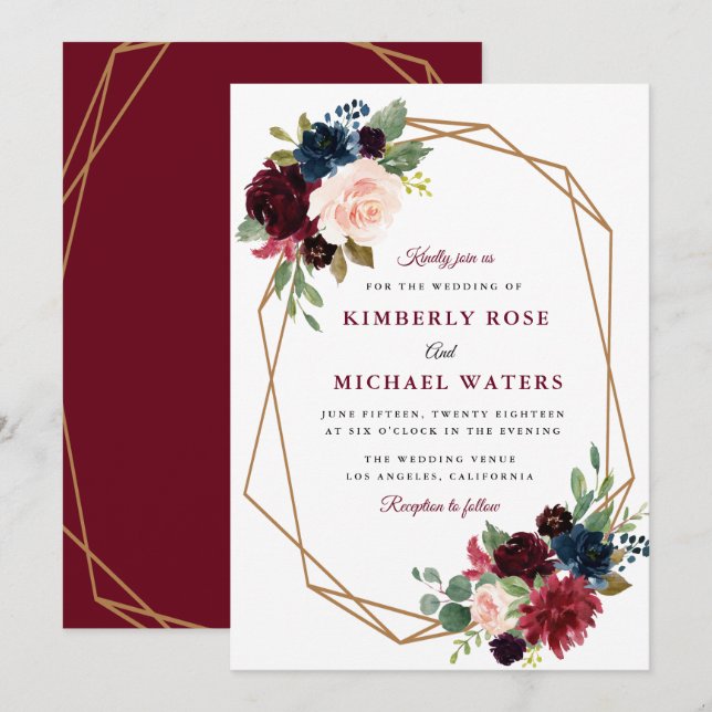 burgundy floral geometric wedding invitation (Front/Back)