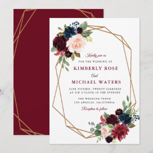 burgundy floral geometric wedding invitation