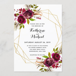 Burgundy floral geometric wedding invitation