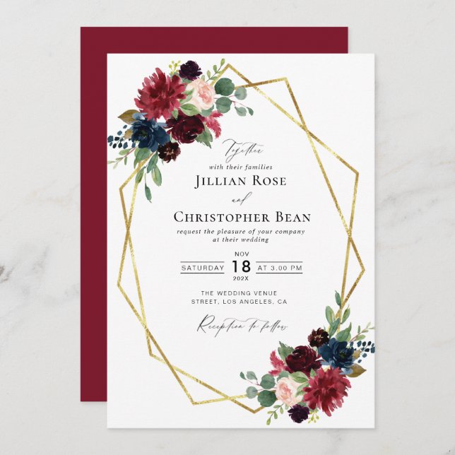 Burgundy floral geometric wedding invitation (Front/Back)