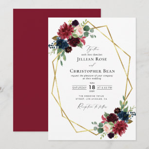 Burgundy floral geometric wedding invitation