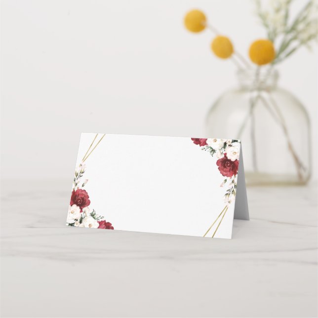 Burgundy floral geometric wedding place card (Front)