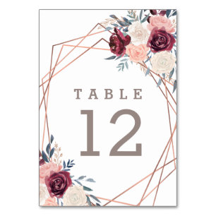 Burgundy Floral Geometric White Wedding Table Number