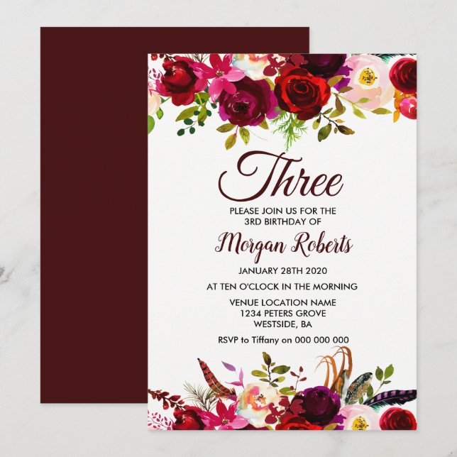 Burgundy Floral Girls 3rd Birthday Party Invite (Front/Back)