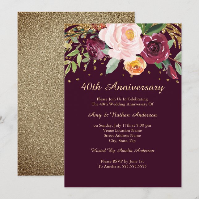 Burgundy Floral Glitter 40th Wedding Anniversary Invitation (Front/Back)