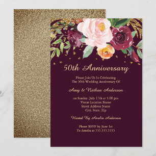 Burgundy Floral Glitter 50th Wedding Anniversary Invitation