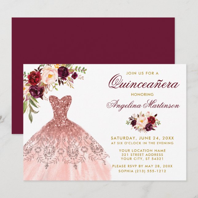 Burgundy Floral Glitter Dress Gold Quinceanera  Invitation (Front/Back)