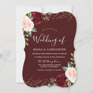 Burgundy Floral Glitter Fall Autumn Wedding Invite