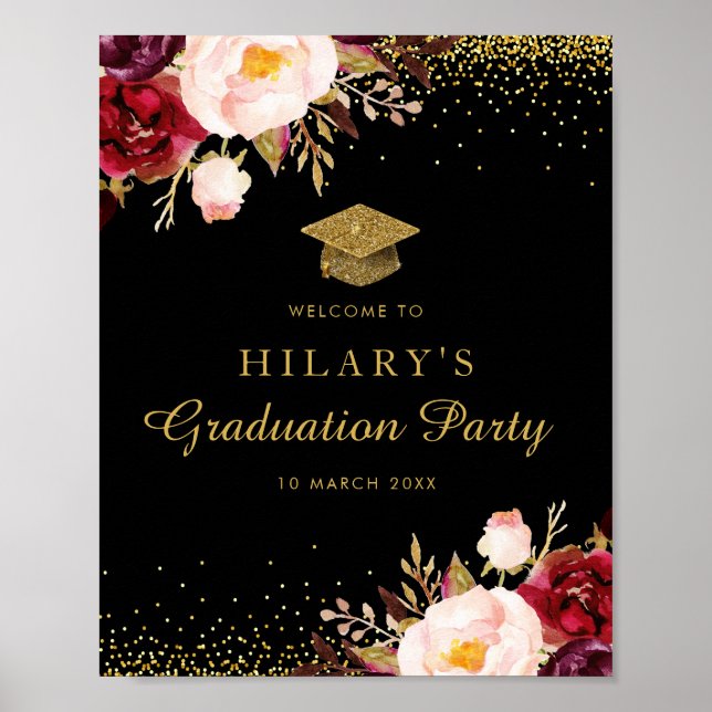Burgundy floral glitter graduation welcome sign (Front)