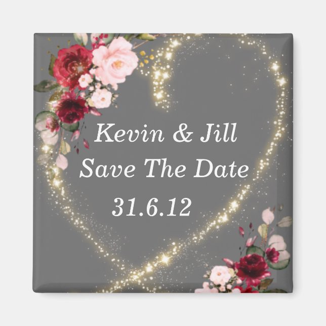burgundy floral & glitter heart, save the date  magnet (Front)