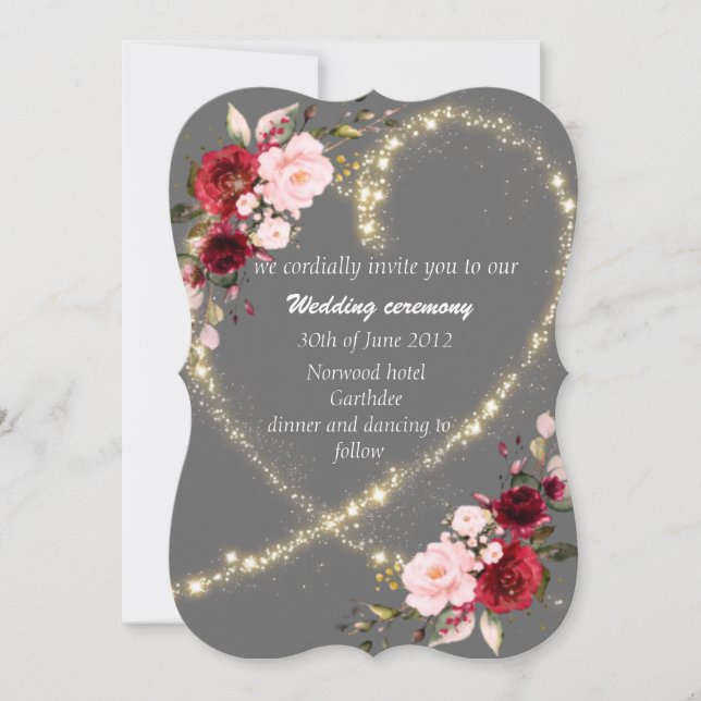 burgundy floral & glitter heart, wedding invite  (Front)