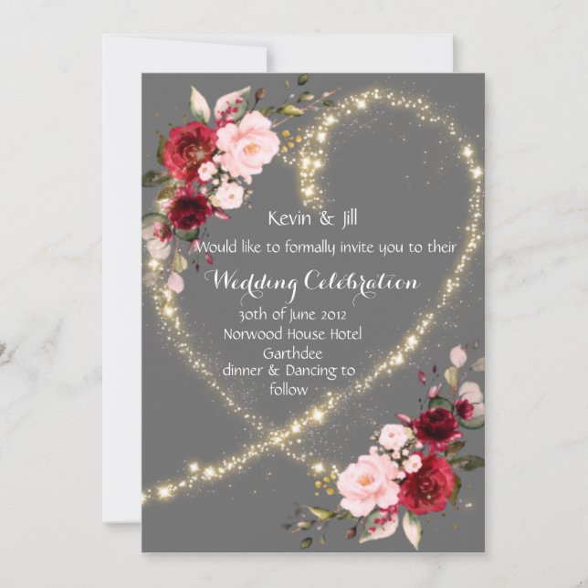 burgundy floral & glitter heart, wedding invite  (Front)