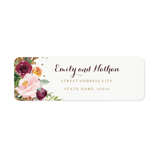 Burgundy Floral Glitter Return Address Label