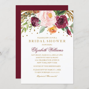 Burgundy Floral Glitter Sparkling Bridal Shower Invitation