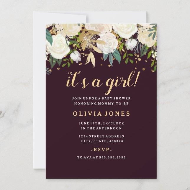 Burgundy Floral Glitter Sparkling Girl Baby Shower Invitation (Front)