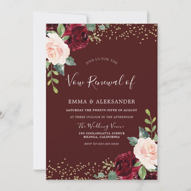 Burgundy Floral Glitter Vow Renewal Invitation (Front)