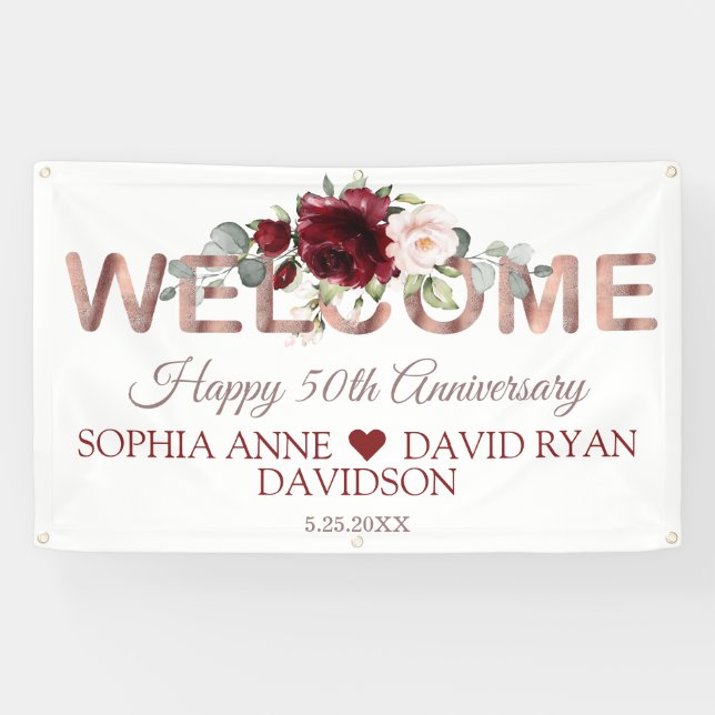 Burgundy Floral Gold 50th Wedding Celebration Banner (Horizontal)