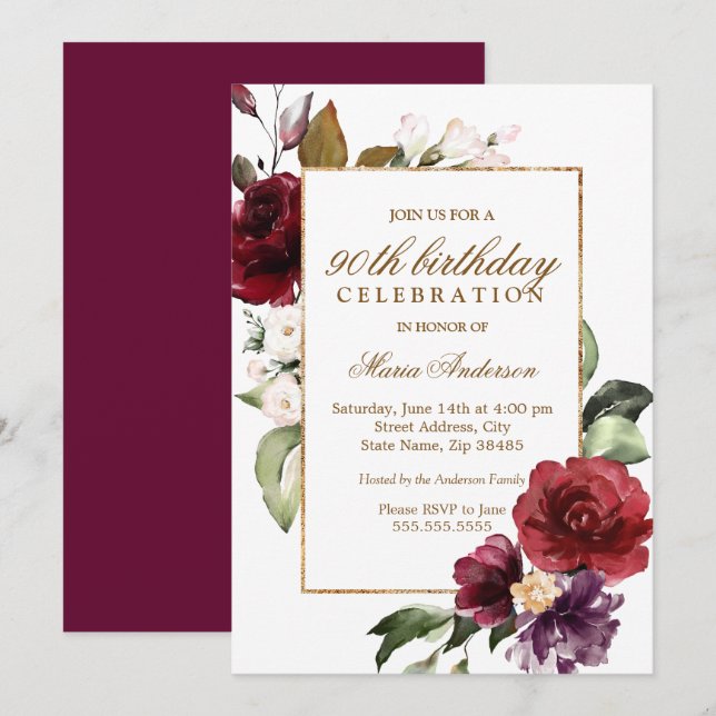 Burgundy Floral Gold 90th Birthday Party Invitation (Front/Back)