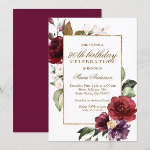 Burgundy Floral Gold 90th Birthday Party Invitation