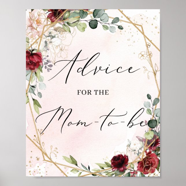 Burgundy floral gold advice for the mum-to-be sign (Front)