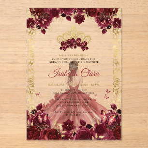 Burgundy Floral Gold Arch Princess Quinceanera Acrylic Invitations