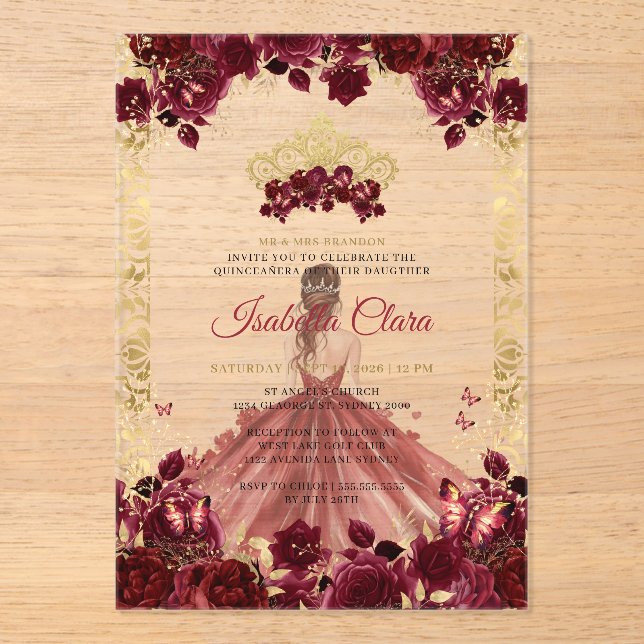 Burgundy Floral Gold Arch Princess Quinceanera Acrylic Invitations (Front)