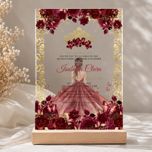 Burgundy Floral Gold Arch Princess Quinceanera Acrylic Invitations