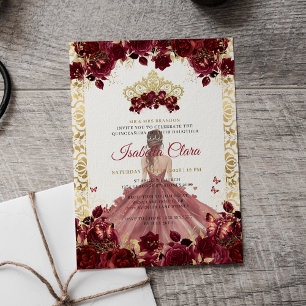 Burgundy Floral Gold Arch Princess Quinceanera Invitation