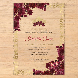 Burgundy Floral Gold Arch Quinceanera Acrylic Invitations