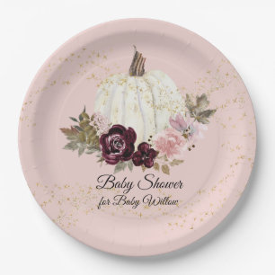 Burgundy Floral Gold Blush Baby Shower Pumpkin Paper Plate