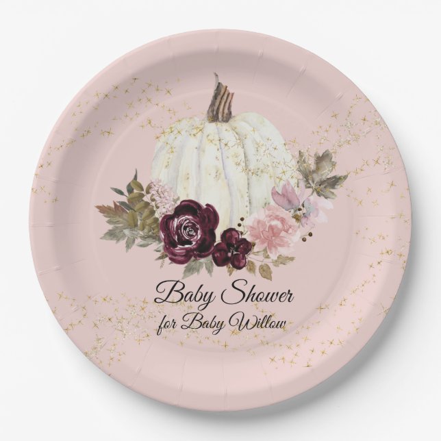 Burgundy Floral Gold Blush Baby Shower Pumpkin Paper Plate (Front)