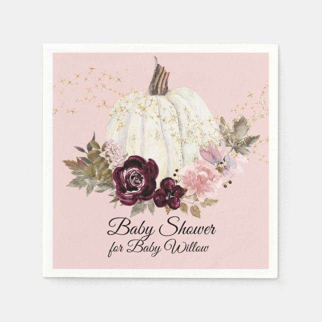 Burgundy Floral Gold Blush Pumpkin Baby Shower Napkin (Front)